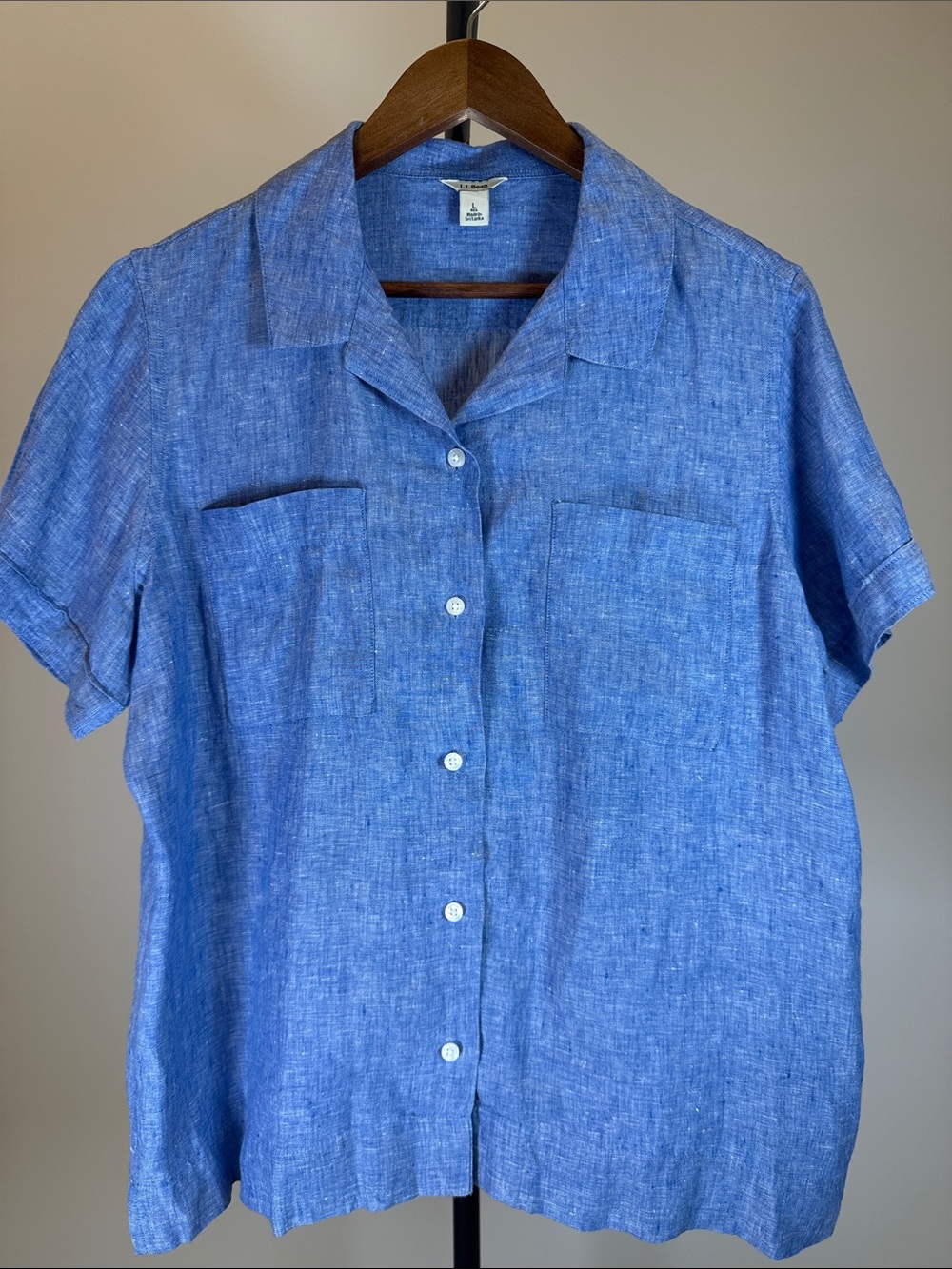 L.L. Bean Women's 100% Linen Short Sleeve Camp Shirt - Blue, Size L